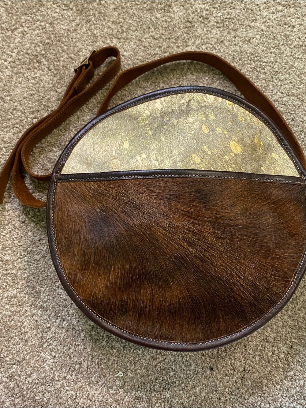 Leather Two-Tone Brown & Beige Calf Hair Round Canteen Crossbody Bag - Picture 2 of 8